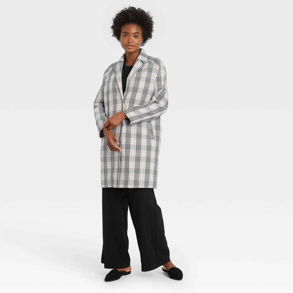 A New Day Neutral Gray Plaid Long Blazer Overcoat Size L NWT